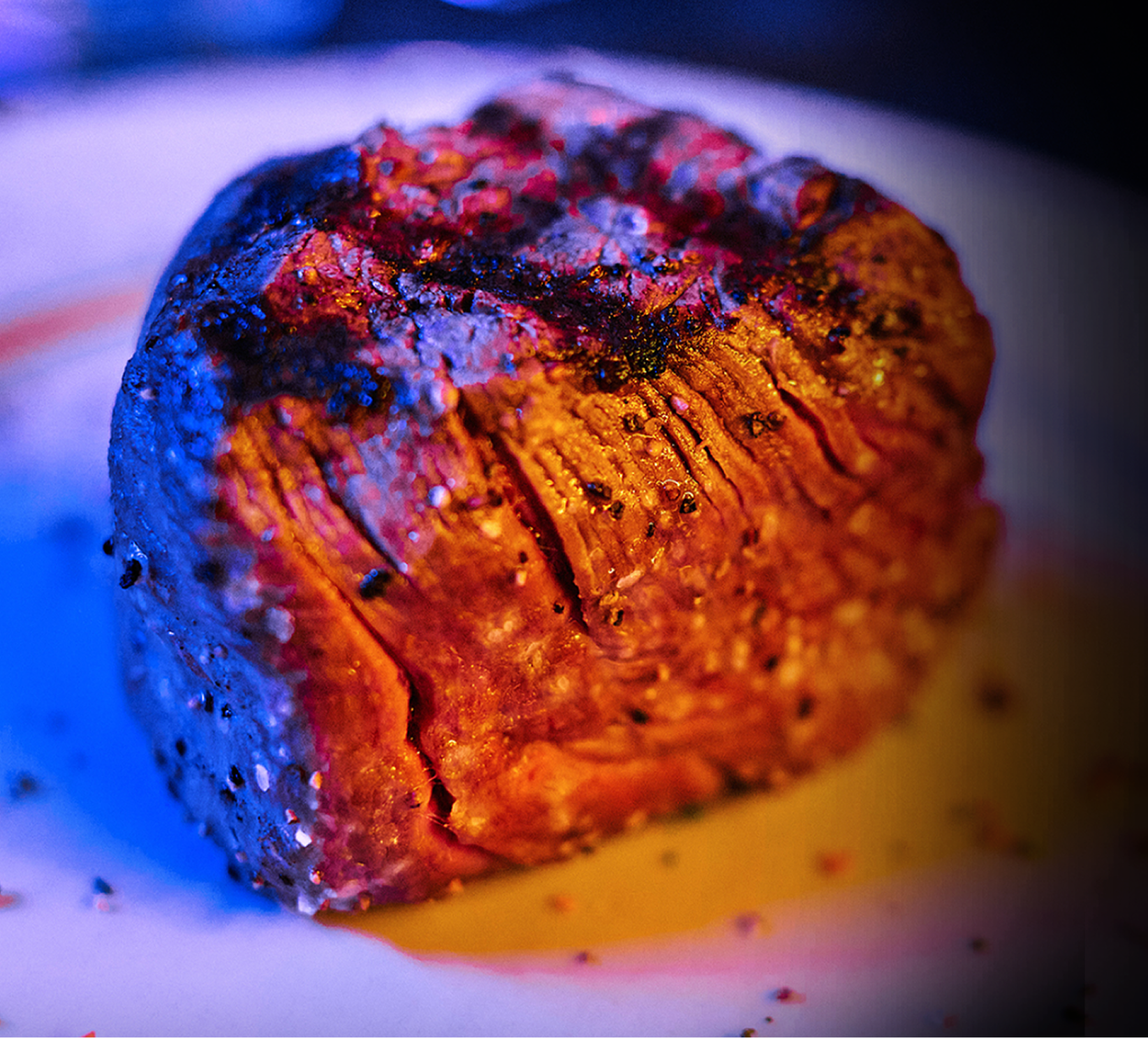 Grilled steak on a white plate
