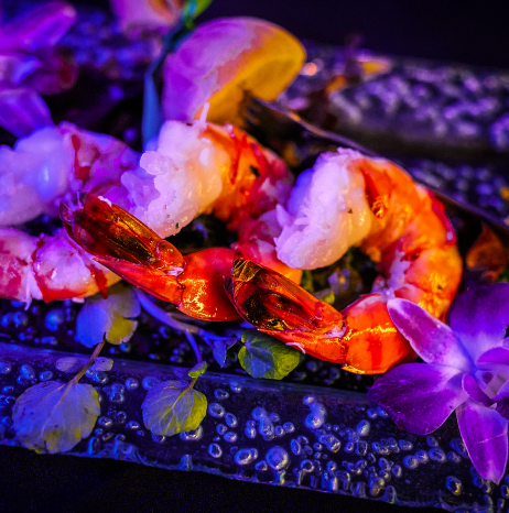 Elegant seafood platter with purple accents