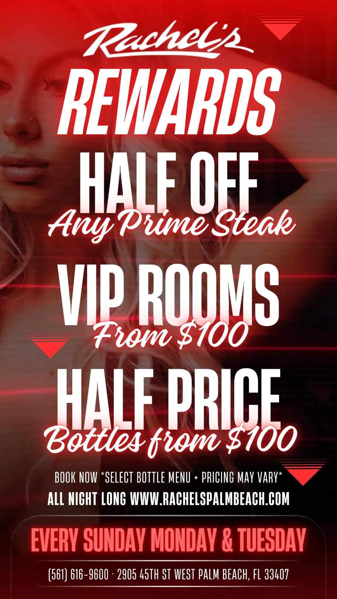 Advertisement for half-price deals on prime steak and bottles with VIP rooms.